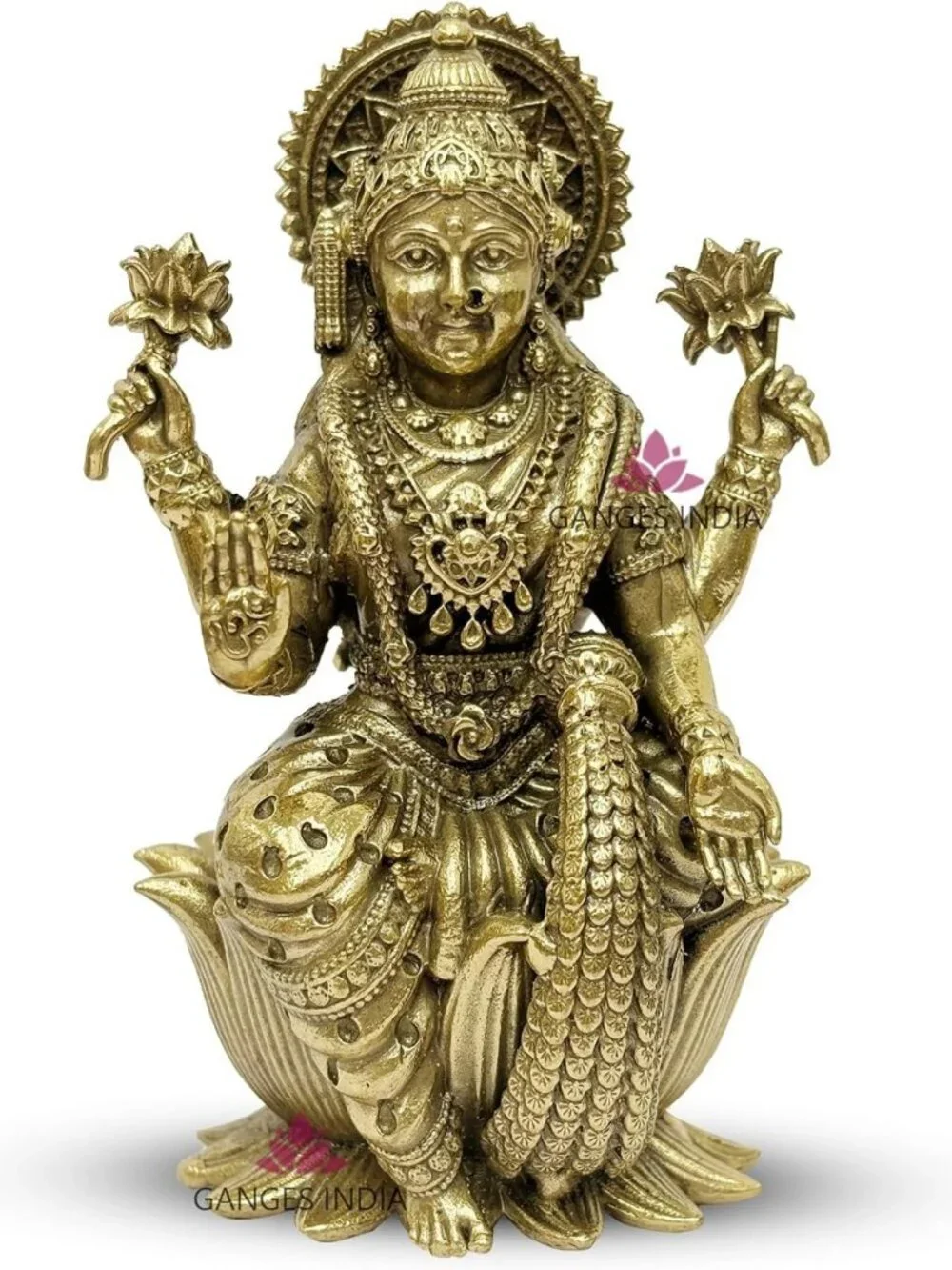 Brass Lakshmi Statue - Seated on Lotus, Ornate Religious Figurine for Home